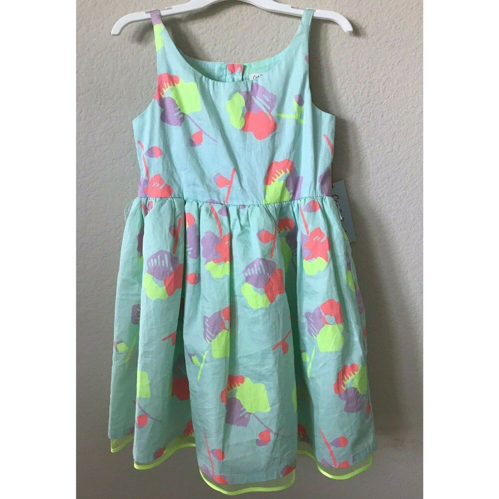 Cat & Jack Aqua Bright Floral Sleeveless Pleated Lined Girls' Dress Size XS 4/5
